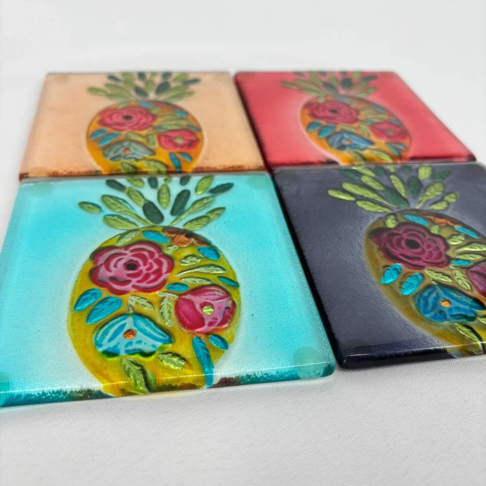 Floral Pineapple Fused Glass Coasters Set of 4 Multicolor Tropical Boho Decor